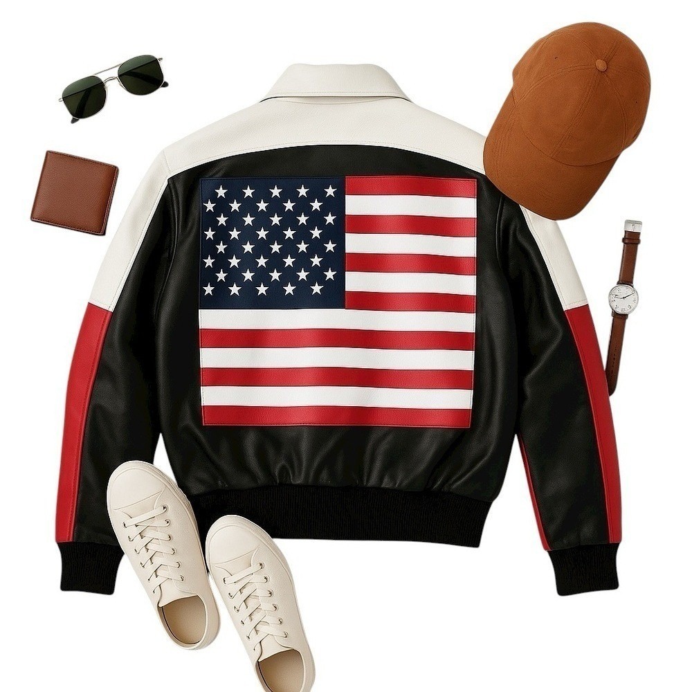 Michael Hoban North Beach USA Flag Leather Bomber Jacket Vintage Medium Rare USA